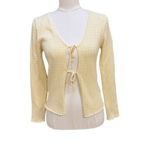 Nikkak Ribbed Tie Front Cardigan Sweater / Soft Yellow Knit / Size S